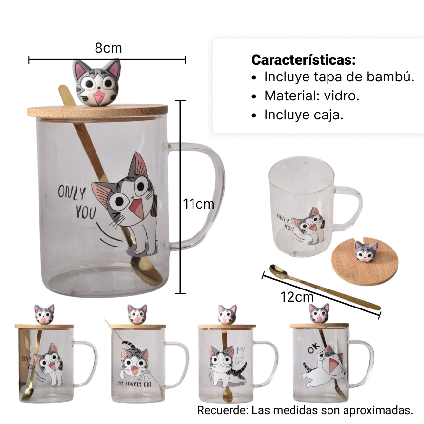 mug pocillo transparente diseño de gatos en vidrio con tapa