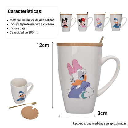 MUG POCILLO CERAMICA PERSONAJE CON TAPA DE MADERA 380ML