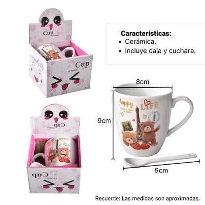 POCILLO MUG CON CUCHARA EN CERAMICA DISEÑO DE OSOS