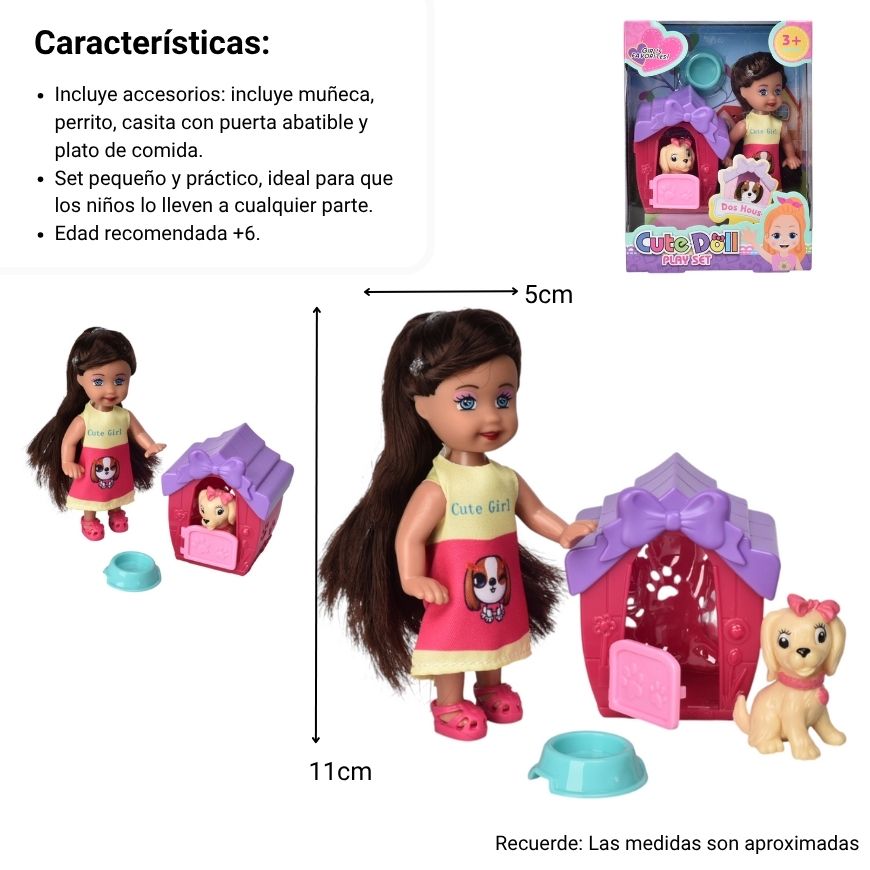 juguete muñecas pequeña plastico con accesorios dim:12x6x16