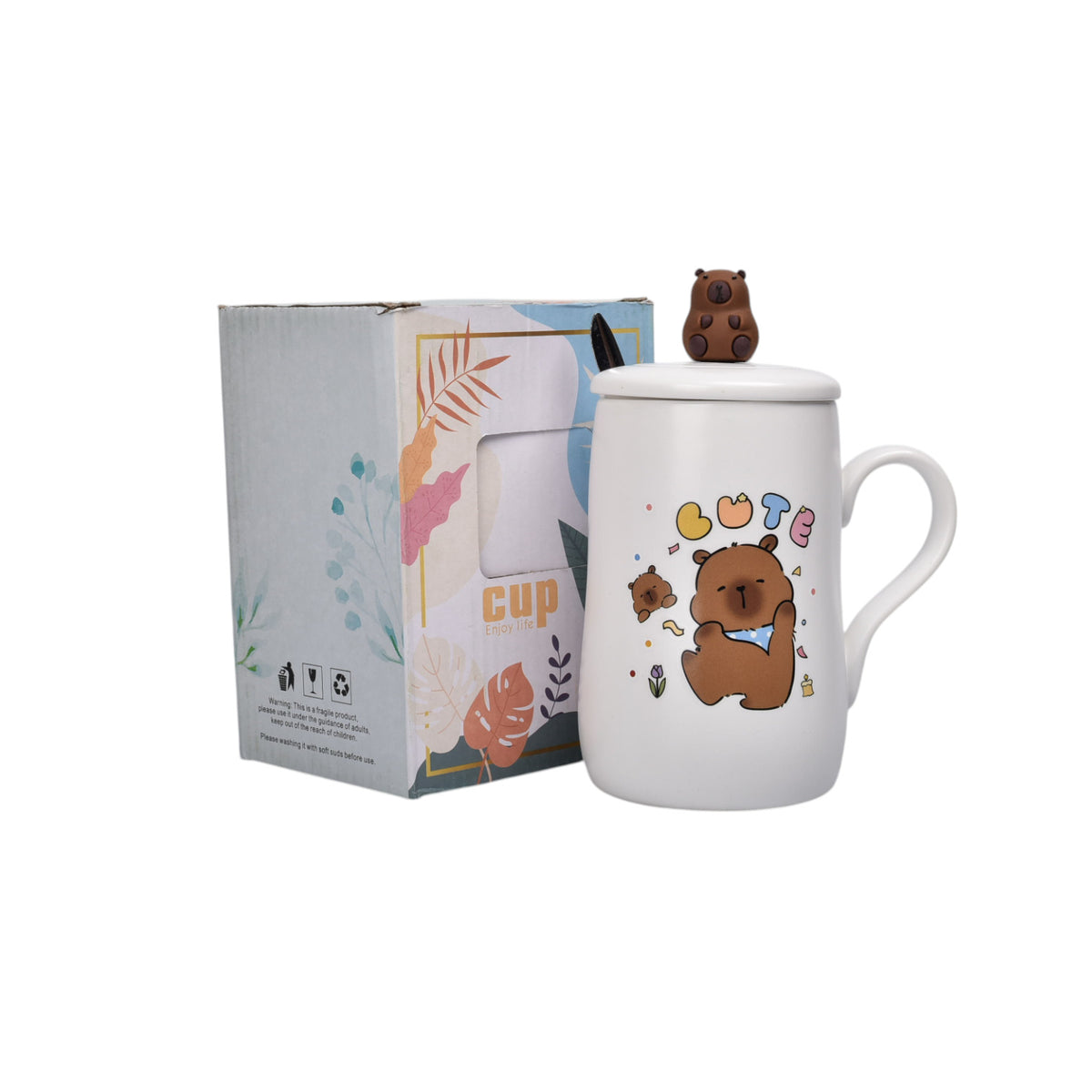 mug pocillo con tapa de ceramica 450ml capybara dim:7x7x12