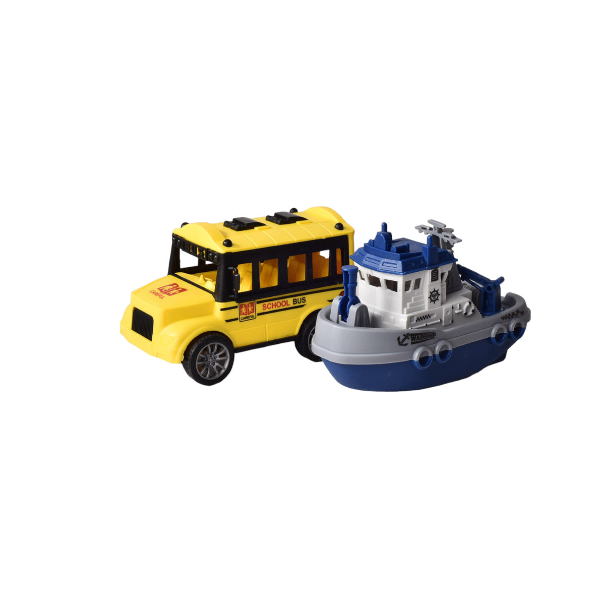 juguete set por 2 unidades bus escolar y barco plastico