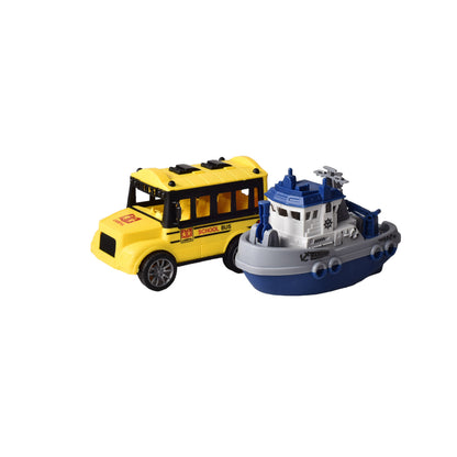 JUGUETE SET POR 2 UNIDADES BUS ESCOLAR Y BARCO PLASTICO