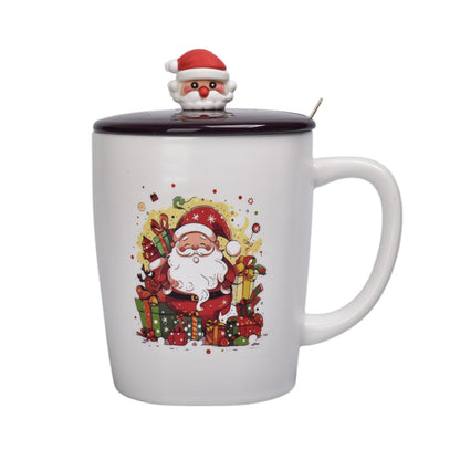 MUG POCILLO CON TAPA CERAMICA Y CUCHARA 420ML NAVIDAD DIM:9X9X10