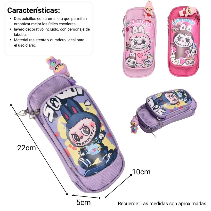 cartuchera labubu con llavero poliester dim:21x10x5