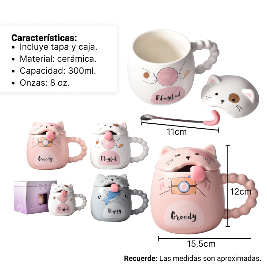 mug pocillo con tapa  cuchara ceramica diseños gatos 360ml
