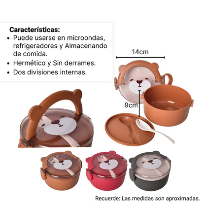 PORTACOMIDA PLASTICO DISEÑO OSOS CON CUBIERTO 1000ML DIM:14*