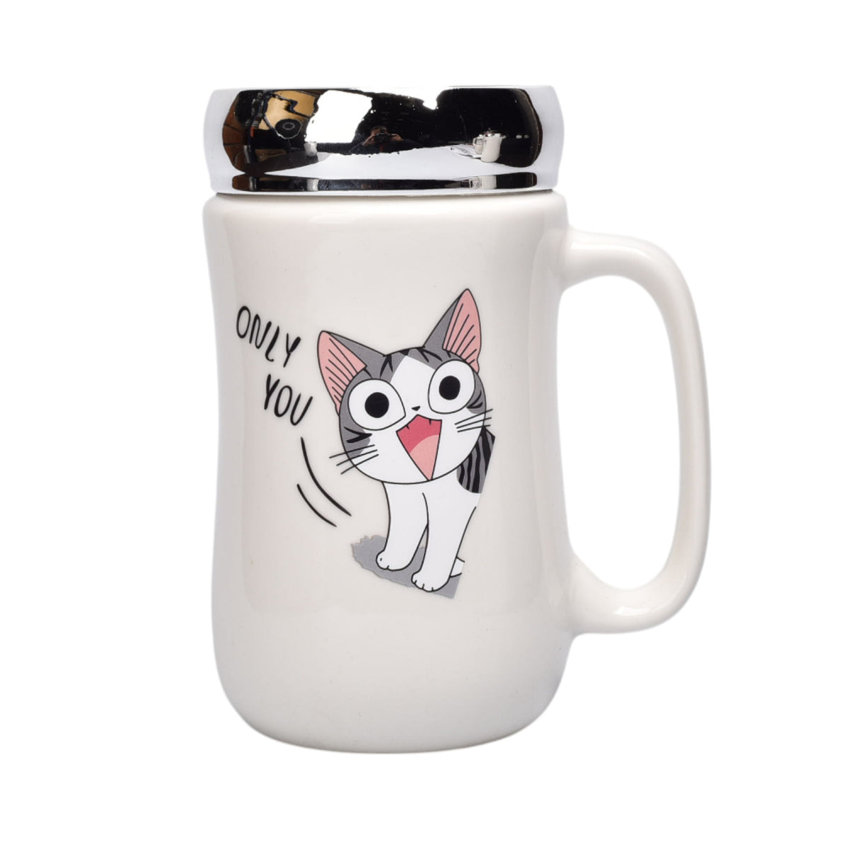 pocillo ceramica diseño gato con tapa 450ml dim:7x14