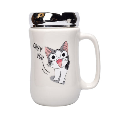 POCILLO CERAMICA DISEÑO GATO CON TAPA 450ML DIM:7X14