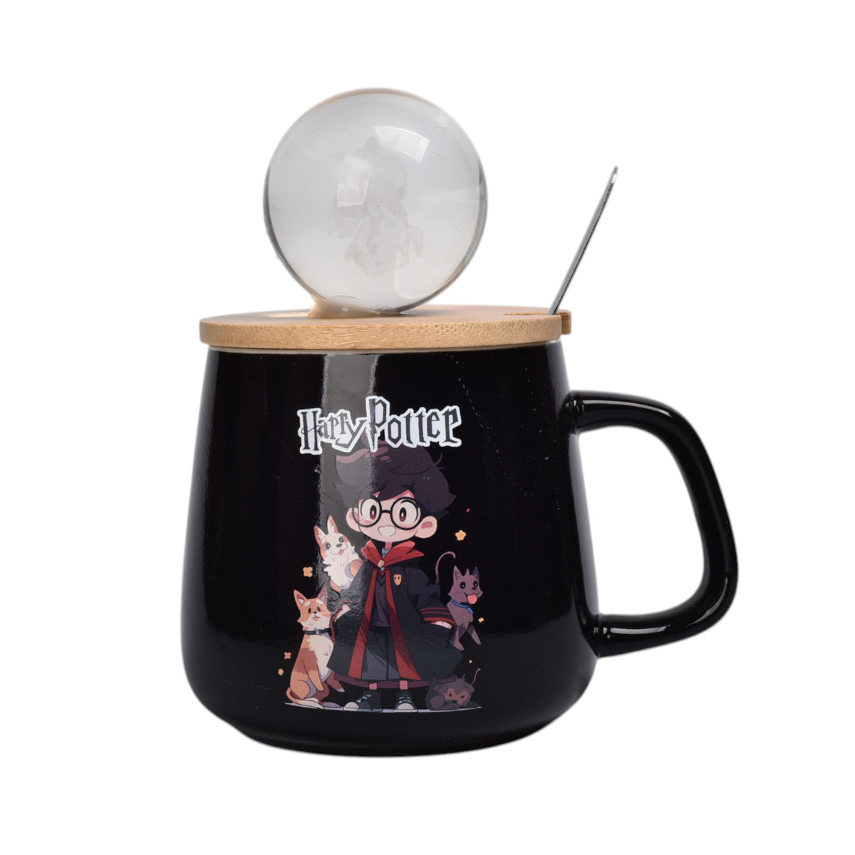 mug pocillo de ceramica personaje con tapa de madera y esfera 400ml