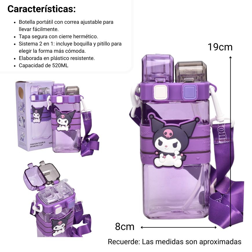botella de agua 520ml personaje plastico morado dim:19x8
