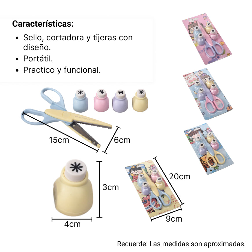 set cortador perforadora con tijeras diseño figuras dim:10