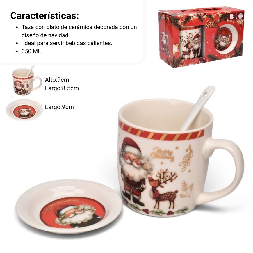 set 3pcs mug pocillo plato ceramica navideño 350ml