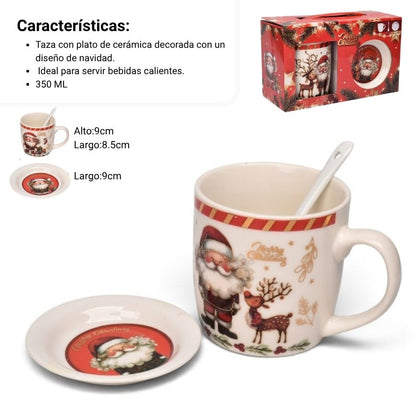 SET 3PCS MUG POCILLO PLATO CERAMICA NAVIDEÑO 350ML
