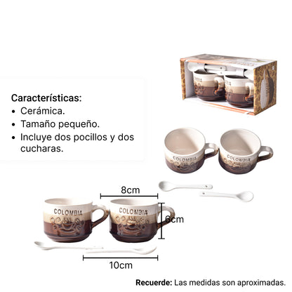 SET 2PCS POCILLOS CON CUCHARAS  CERAMICA DIM:7x7x6