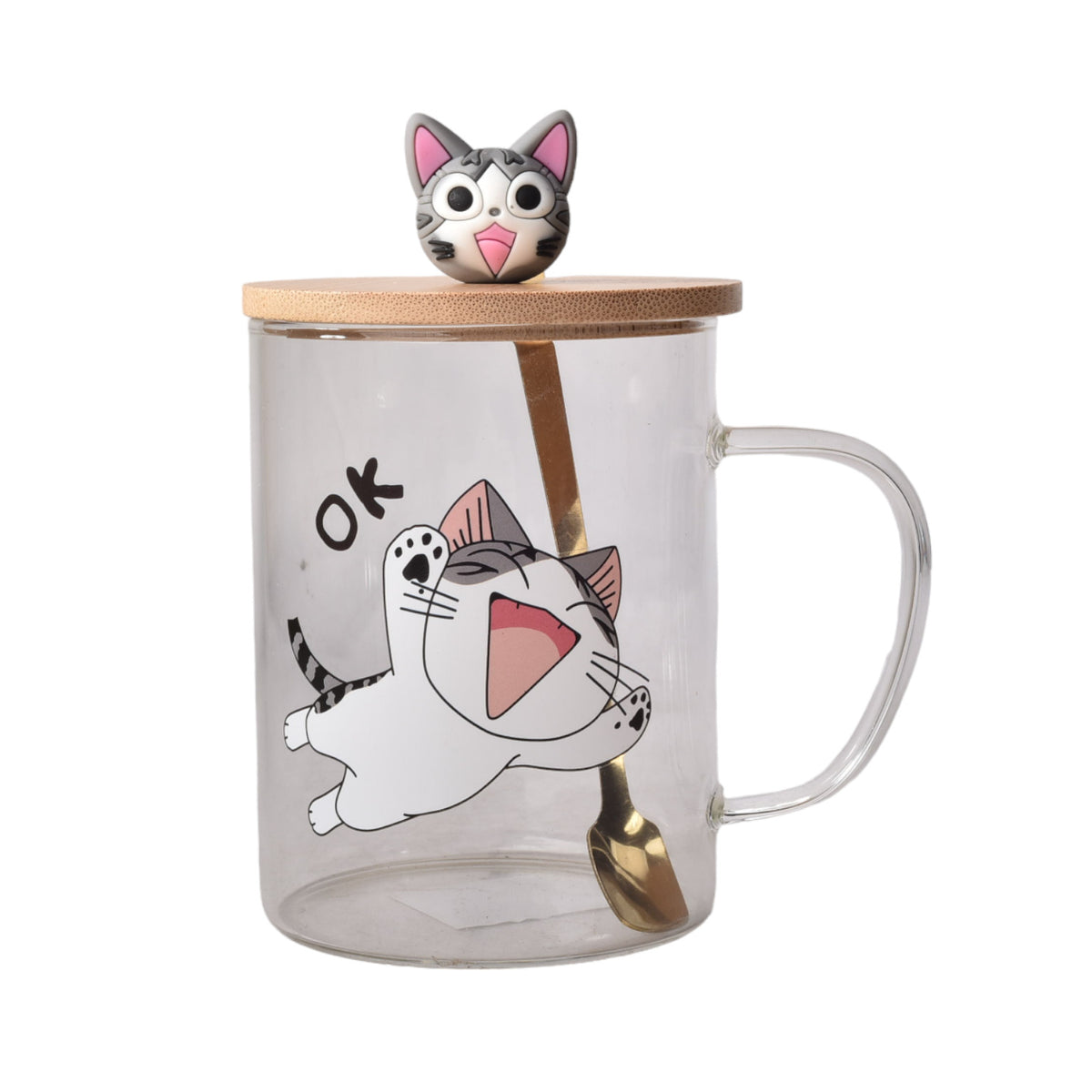 mug pocillo transparente diseño de gatos en vidrio con tapa
