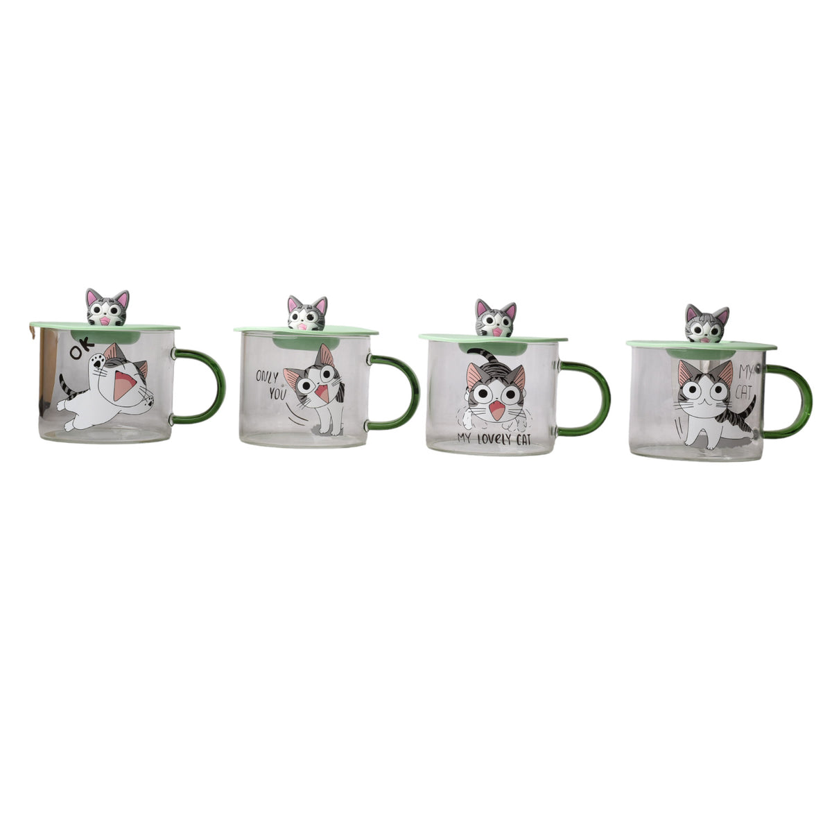 mug pocillo transparente diseño de gatos en vidrio con tapa