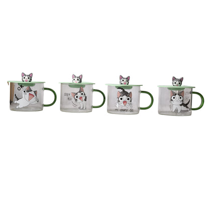 MUG POCILLO TRANSPARENTE DISEÑO DE GATOS EN VIDRIO CON TAPA