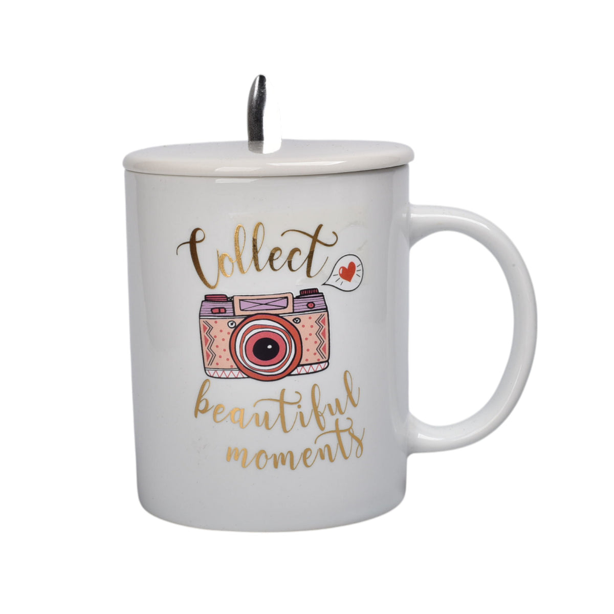 mug pocillo con tapa y  cuchara de ceramica varios diseños 350ml dim:8x8x9