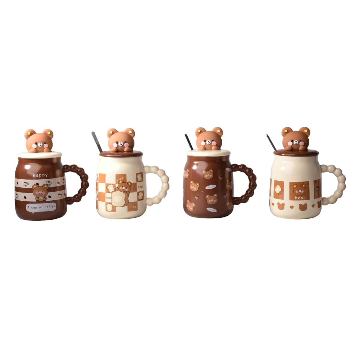 mug pocillo con tapa y cuchara ceramica diseños osos de 420m