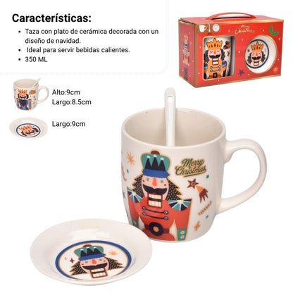 SET 3PCS MUG POCILLO PLATO CERAMICA NAVIDEÑO 350ML