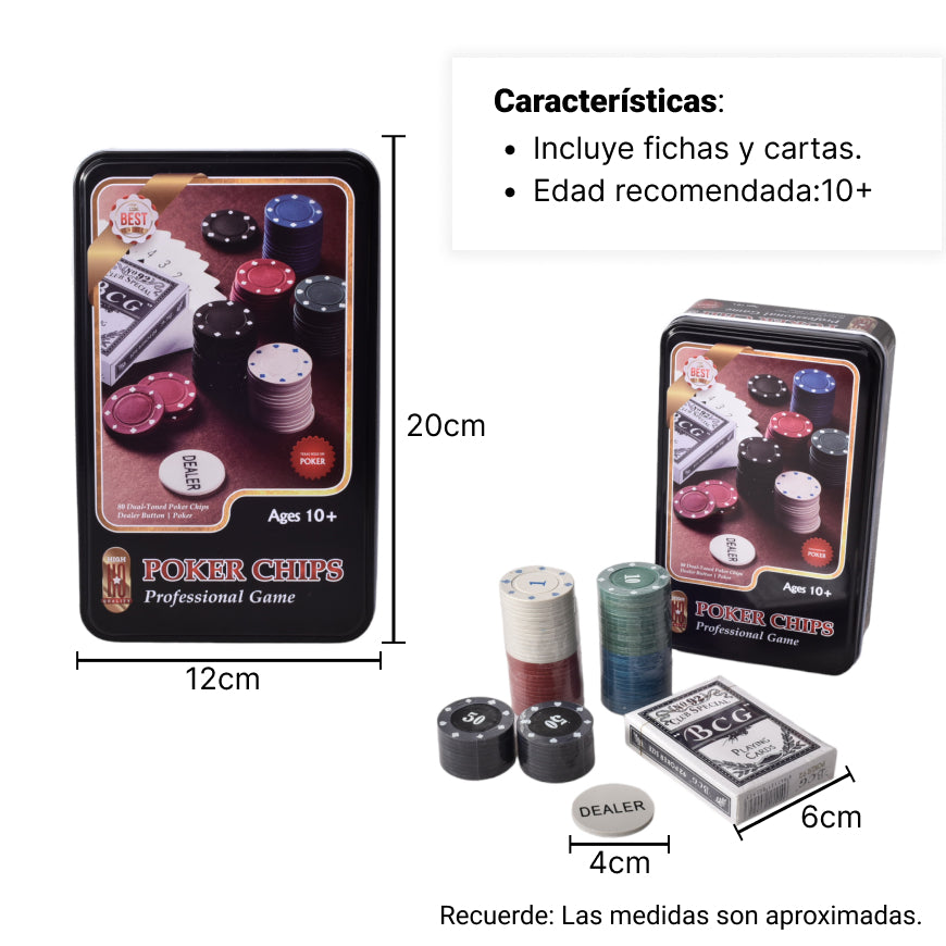 juego de poker con fichas y caja de metal