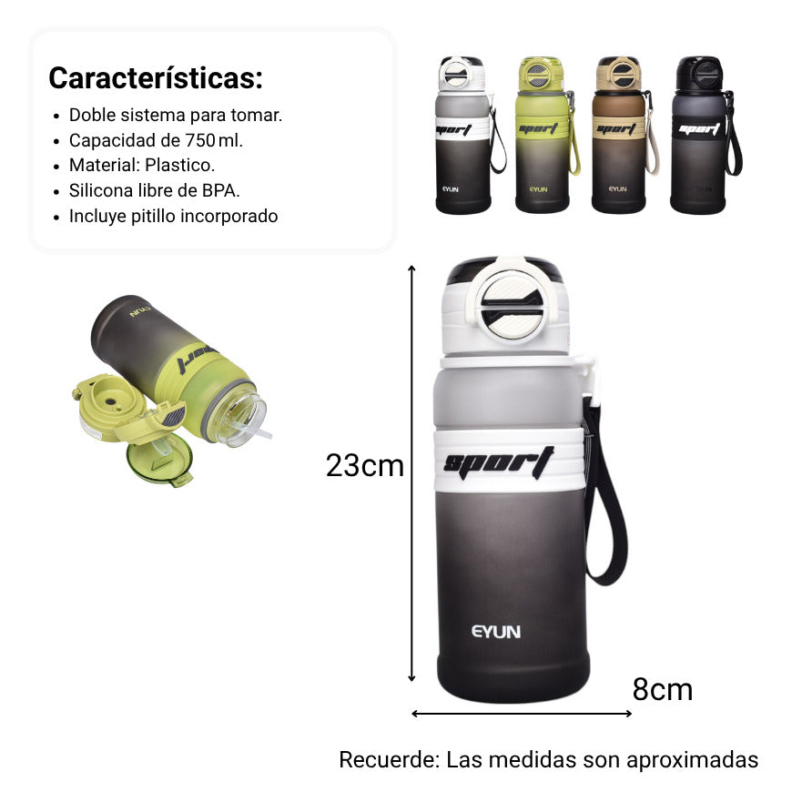 botella de agua 750ml plastica dim:8x8x23