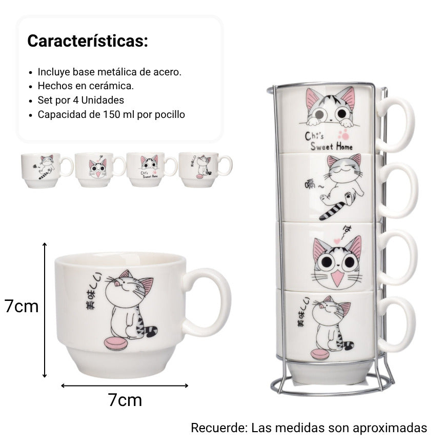 set 4pcs pocillos con base ceramica 150ml diseño gatos dim:7x6x7