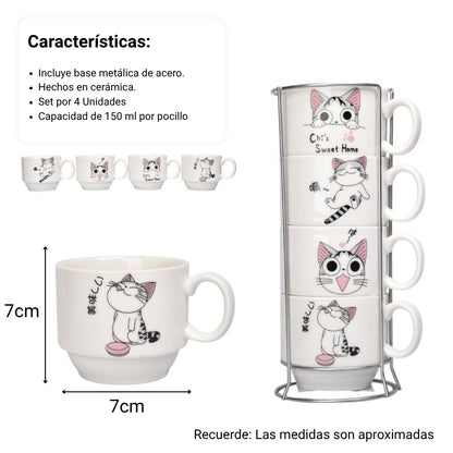 SET 4PCS POCILLOS CON BASE CERAMICA 150ML DISEÑO GATOS DIM:7X6X7
