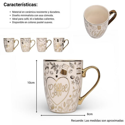 POCILLO MUG BLANCO CON DORADO CERAMICA DIM:8X8X10