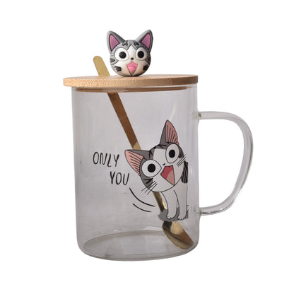 MUG POCILLO TRANSPARENTE DISEÑO DE GATOS EN VIDRIO CON TAPA
