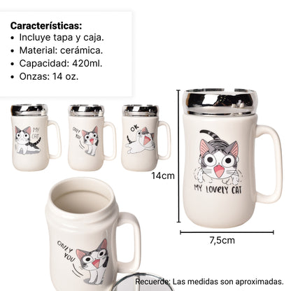 MUG POCILLO CERAMICA CON TAPA DISEÑO GATOS 420ML DIM:14*7*7