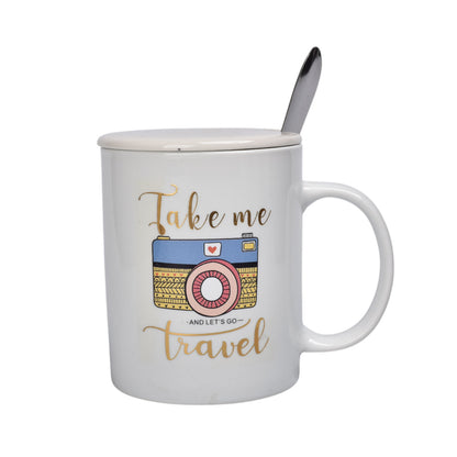 MUG POCILLO CON TAPA Y  CUCHARA DE CERAMICA VARIOS DISEÑOS 350ML DIM:8X8X9
