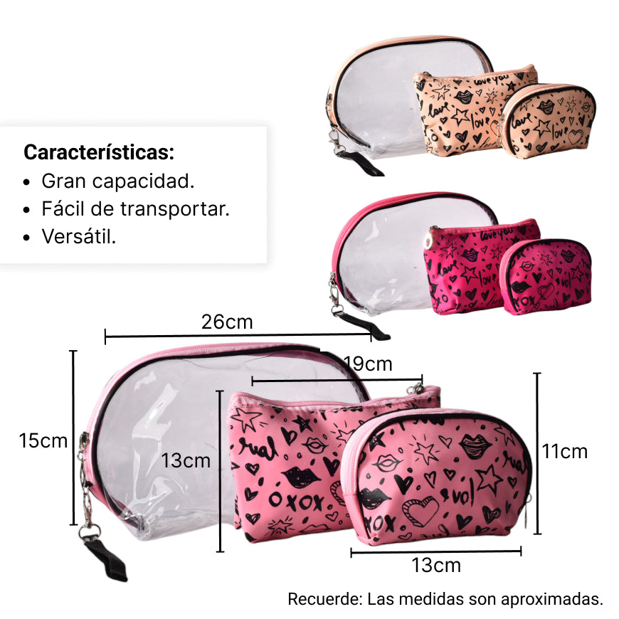 cosmetiquera x 3 und maquillaje sintetico pvc
