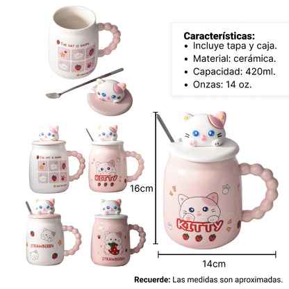 MUG POCILLO CON TAPA Y CUCHARA CERAMICA DISEÑOS GATOS 420ML