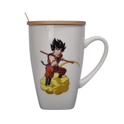 MUG POCILLO CERAMICA PERSONAJE CON TAPA DE MADERA 380ML