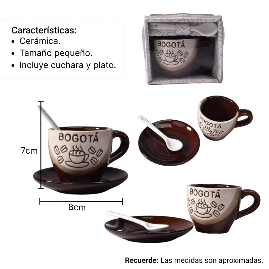 mug pocillo con cuchara y plato ceramica dim:7x7x6