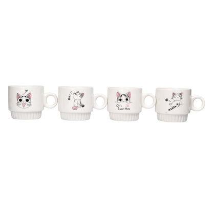 SET 4PCS POCILLOS CON BASE CERAMICA 250ML DISEÑO GATOS DIM:8X8X8