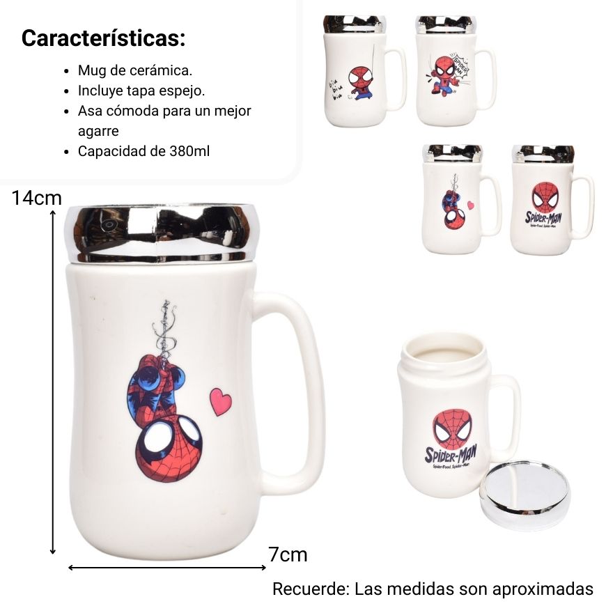 mug pocillo ceramica con tapa espejo personaje 380ml dim:14x7