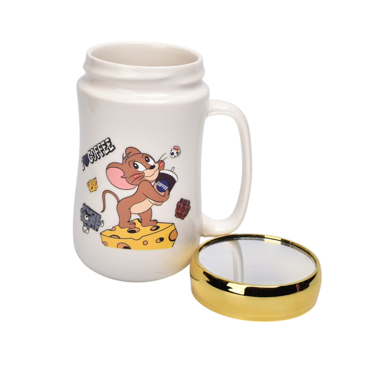 pocillo ceramica diseño tom y jerry con tapa 450ml dim:7x14