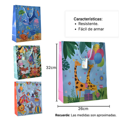 BOLSA REGALO PAPEL INFANTIL ANIMALES PEQUEÑA DIM: 26X32X10