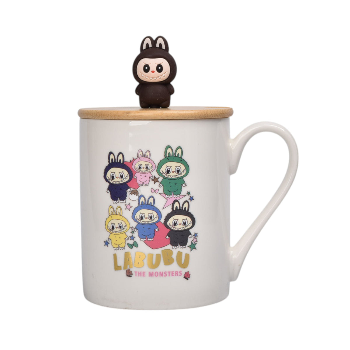 mug pocillo ceramica con tapa de madera personaje 350ml dim:8x8x9