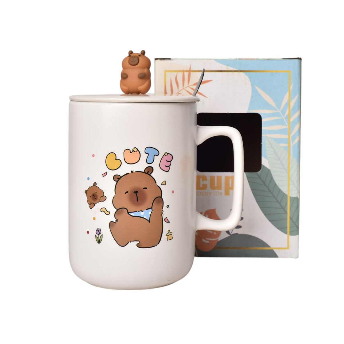 mug pocillo con tapa cuchara ceramica diseños capybara 500ml