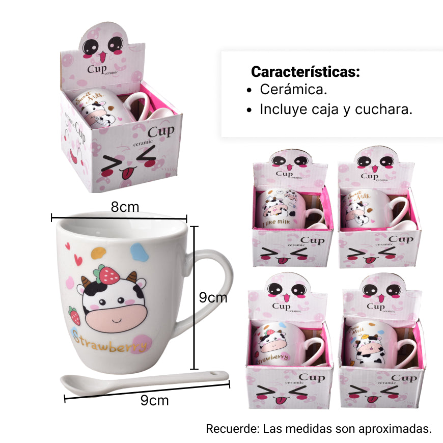 pocillo mug con cuchara en ceramica diseño de vaca