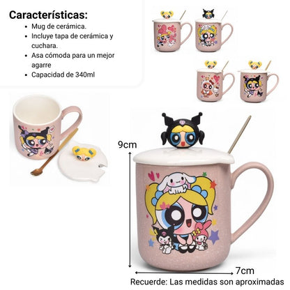MUG POCILLO CERAMICA PERSONAJE CON TAPA Y CUCHARA 340ML DIM:9X7