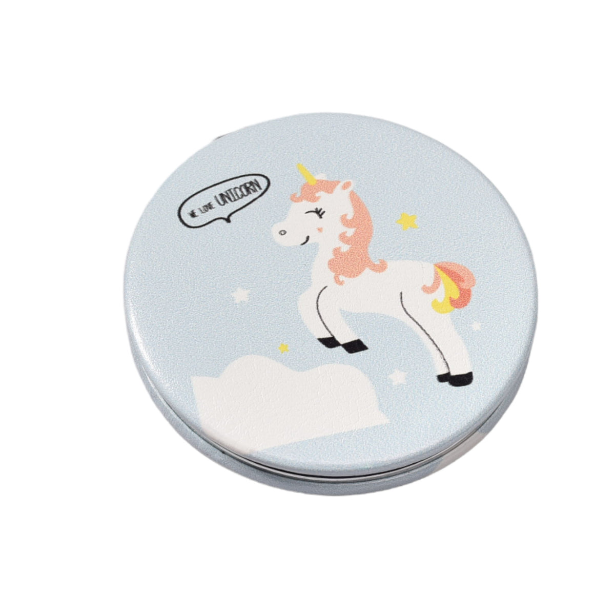 espejo redondo plastico cartera unicornio dim: 7x7cm