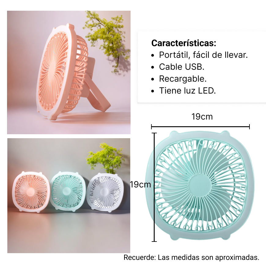 ventilador con cable usb recargable cuadrado varios colores