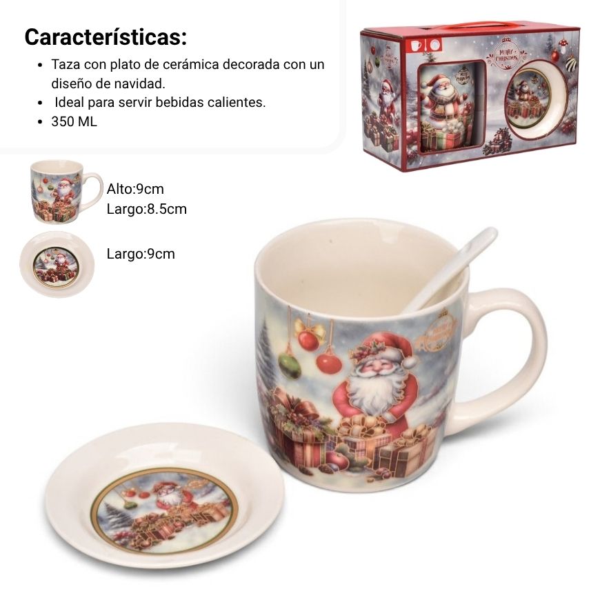 set 3pcs mug pocillo plato ceramica navideño 350ml