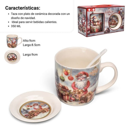 SET 3PCS MUG POCILLO PLATO CERAMICA NAVIDEÑO 350ML