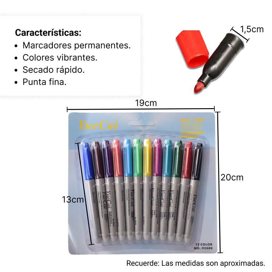 set marcadores permanentes punta fina por 12pcs